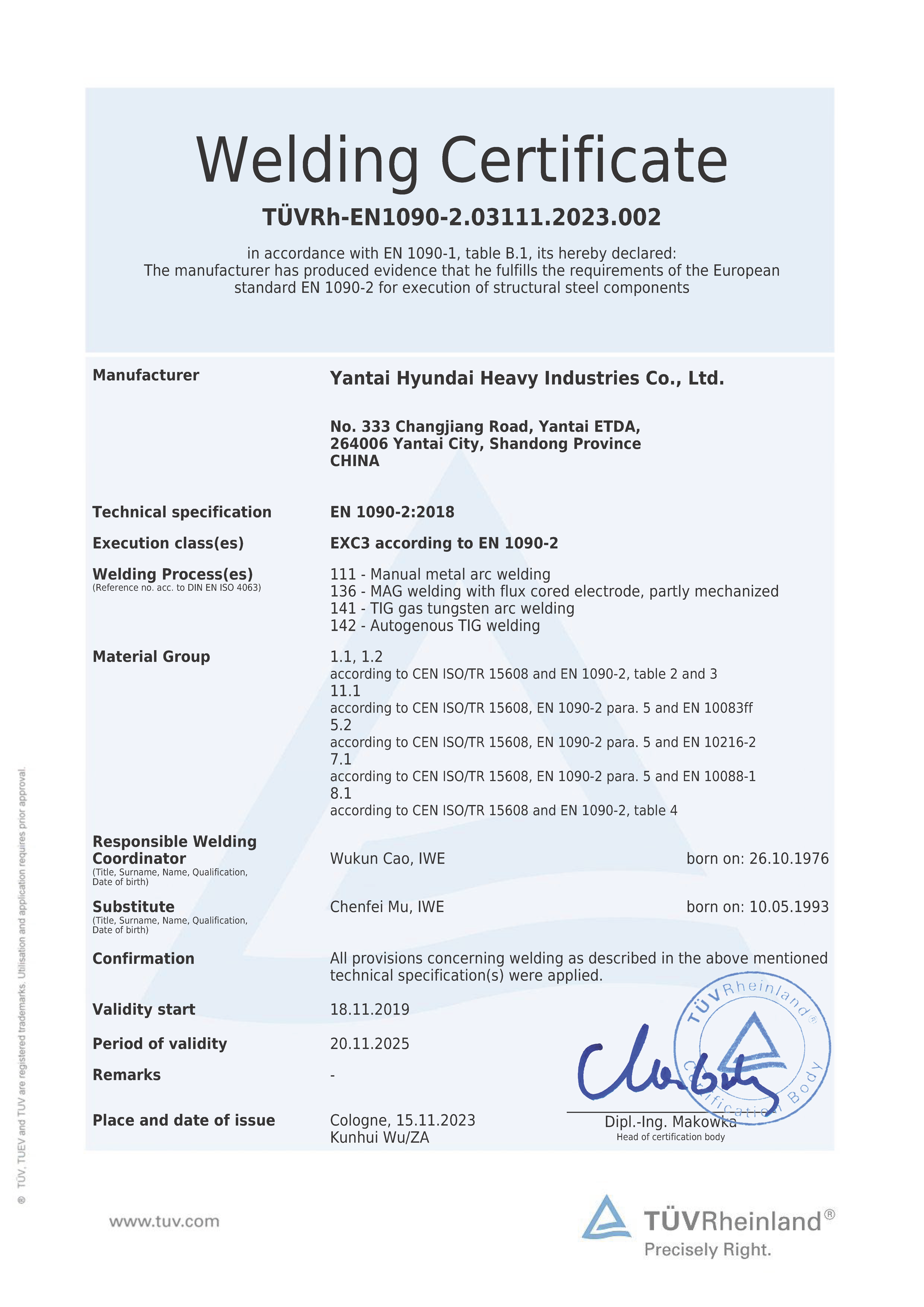 EN 1090-2 Welding Certificate